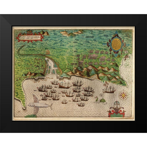 Voyages of Sir Francis Drake 1589 Black Modern Wood Framed Art Print by Vintage Maps