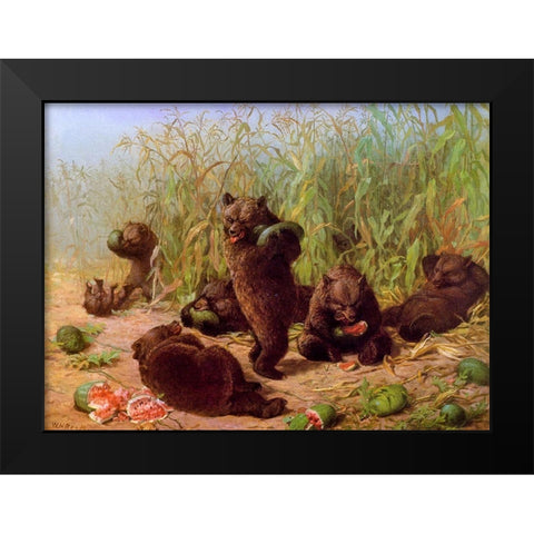 Bears in the Watermelon Patch Black Modern Wood Framed Art Print by Beard, William Holbrook