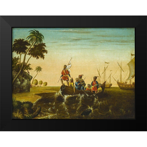 The Landing of Columbus Black Modern Wood Framed Art Print by Hicks, Edward