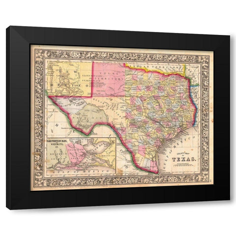 County Map Of Texas, 1864 Black Modern Wood Framed Art Print with Double Matting by Mitchell, Samuel Augustus