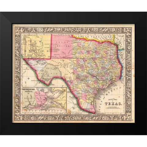 County Map Of Texas, 1864 Black Modern Wood Framed Art Print by Mitchell, Samuel Augustus