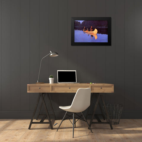 Evening On A Canadian Lake-Two men and a dog in a canoe Black Modern Wood Framed Art Print by Remington, Frederic