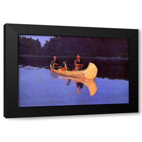 Evening On A Canadian Lake-Two men and a dog in a canoe Black Modern Wood Framed Art Print with Double Matting by Remington, Frederic