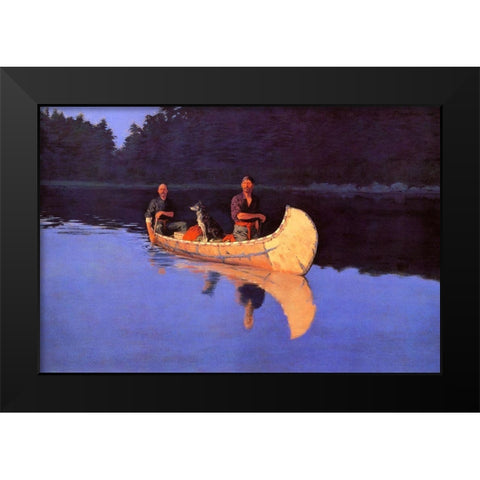 Evening On A Canadian Lake-Two men and a dog in a canoe Black Modern Wood Framed Art Print by Remington, Frederic