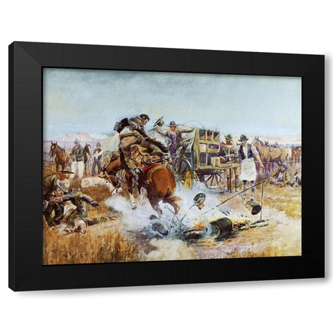 Bronc to Breakfast Black Modern Wood Framed Art Print with Double Matting by Russell, Charles Marion
