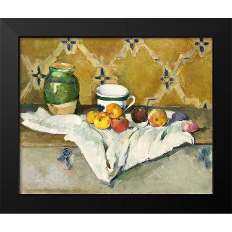 Still Life with Jar, Cup, and Apples  Black Modern Wood Framed Art Print by Cezanne, Paul