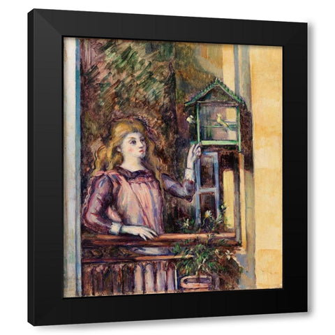 Girl with Birdcage Black Modern Wood Framed Art Print by Cezanne, Paul