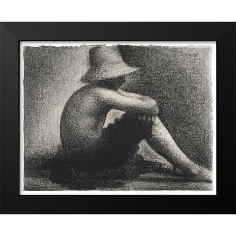 Seated Boy with Straw Hat Black Modern Wood Framed Art Print by Seurat, Georges
