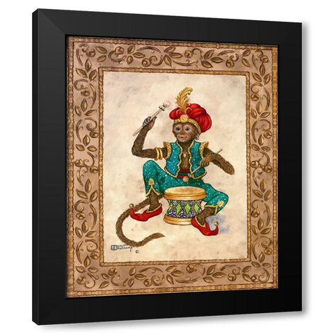 Monkey with Drum Black Modern Wood Framed Art Print with Double Matting by Kruskamp, Janet