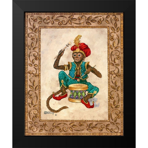 Monkey with Drum Black Modern Wood Framed Art Print by Kruskamp, Janet
