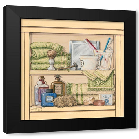 His Bathroom Shelf Black Modern Wood Framed Art Print by Kruskamp, Janet