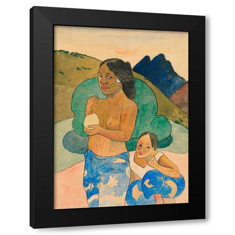 Two Tahitian Women in a Landscape Black Modern Wood Framed Art Print with Double Matting by Gauguin, Paul