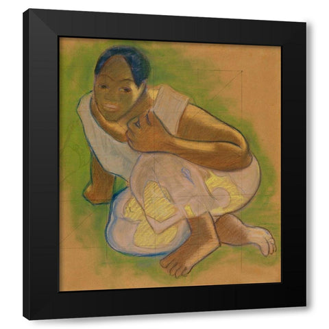 Crouching Tahitian Woman Black Modern Wood Framed Art Print with Double Matting by Gauguin, Paul