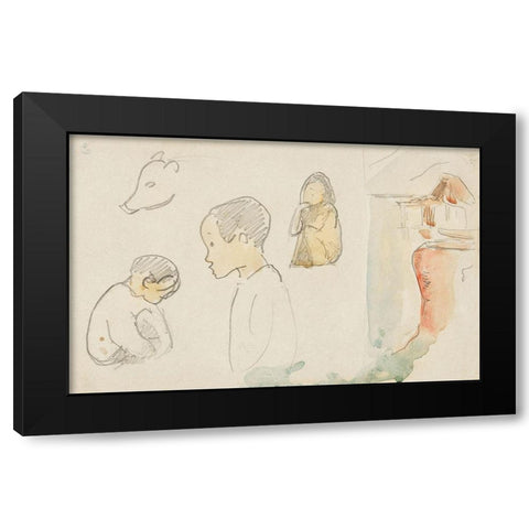 Sketches of Crouching and Standing Figures, a Pig, and a Hut at Water?s Edge Black Modern Wood Framed Art Print by Gauguin, Paul