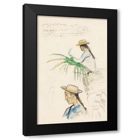 Sketches of Figures, Pandanus Leaf, and Vanilla Plant Black Modern Wood Framed Art Print with Double Matting by Gauguin, Paul