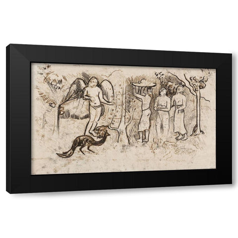 Angel, Peacock, and Three Tahitians Black Modern Wood Framed Art Print with Double Matting by Gauguin, Paul