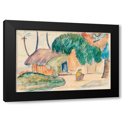 Tahitian Hut Black Modern Wood Framed Art Print with Double Matting by Gauguin, Paul