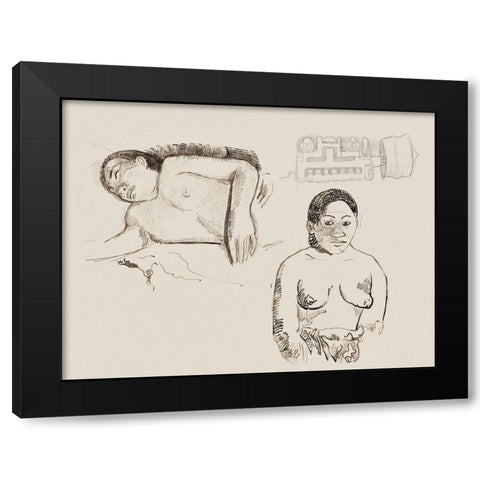Two Tahitian Women and a Marquesan Earplug Black Modern Wood Framed Art Print by Gauguin, Paul