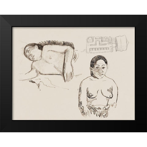 Two Tahitian Women and a Marquesan Earplug Black Modern Wood Framed Art Print by Gauguin, Paul