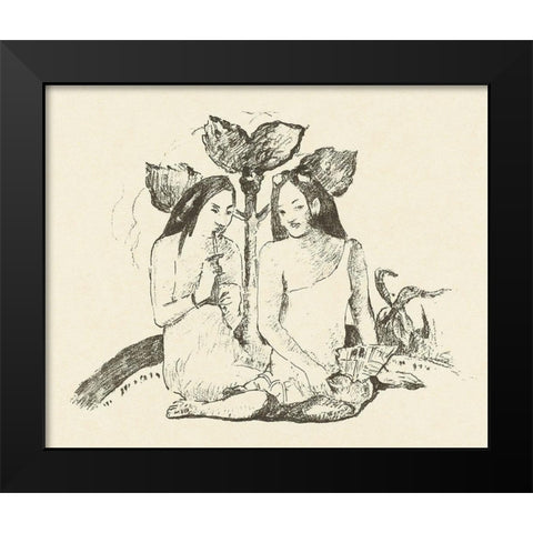 Two Sitting Maori Women Black Modern Wood Framed Art Print by Gauguin, Paul