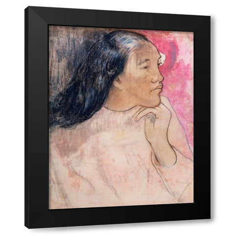 A Tahitian Woman with a Flower in Her Hair Black Modern Wood Framed Art Print with Double Matting by Gauguin, Paul