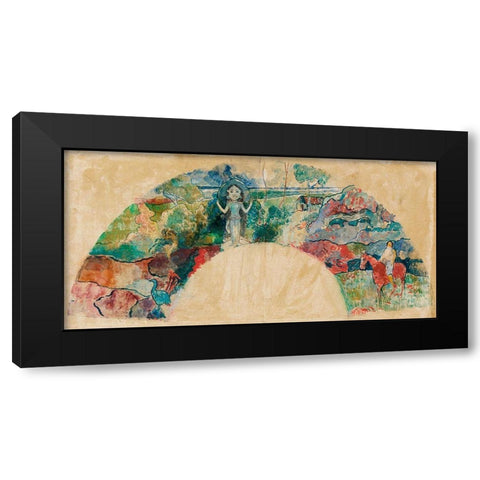 Design for a Fan Featuring a Landscape and a Statue of the Goddess Hina Black Modern Wood Framed Art Print with Double Matting by Gauguin, Paul
