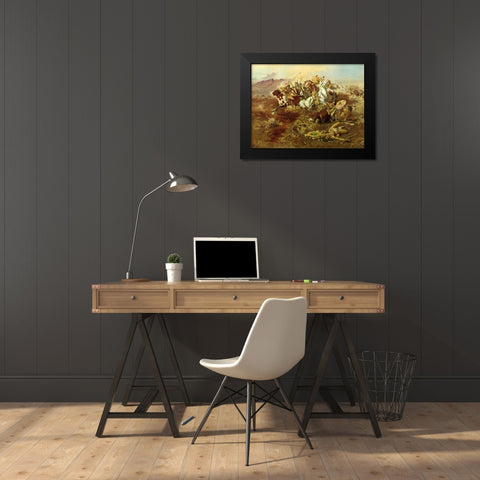 Indian Fight Black Modern Wood Framed Art Print by Russell, Charles Marion
