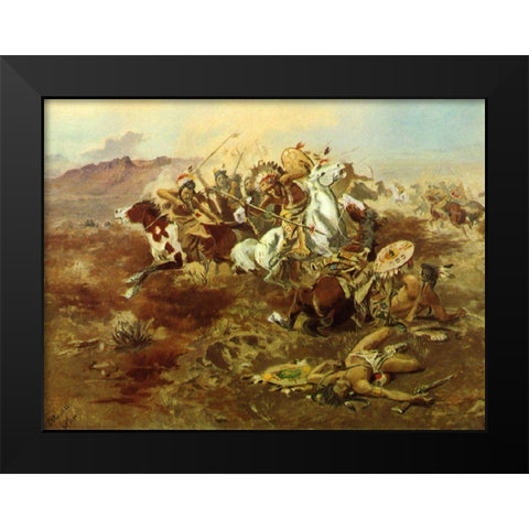 Indian Fight Black Modern Wood Framed Art Print by Russell, Charles Marion