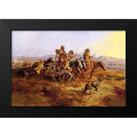 Indian Women Moving Black Modern Wood Framed Art Print by Russell, Charles Marion