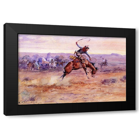 Bucking Bronco Black Modern Wood Framed Art Print by Russell, Charles Marion