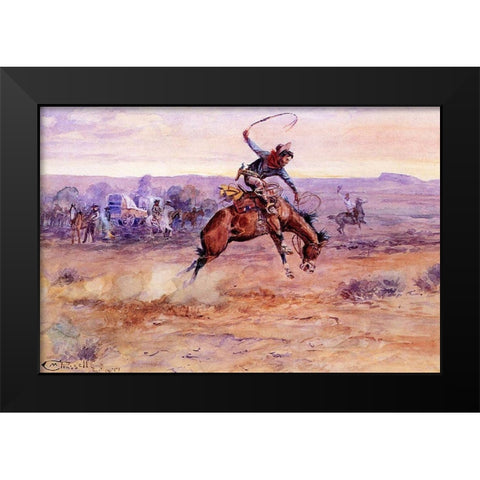 Bucking Bronco Black Modern Wood Framed Art Print by Russell, Charles Marion