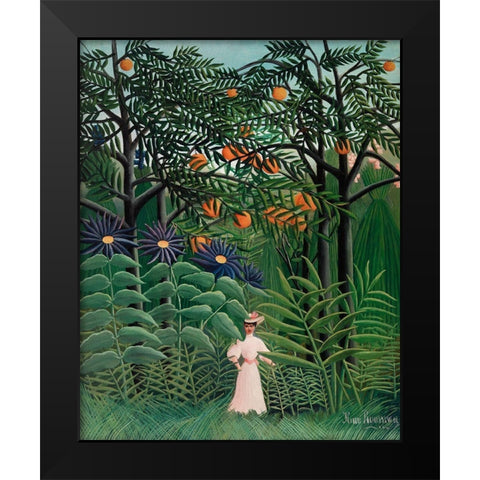 Woman Walking in an Exotic Forest Black Modern Wood Framed Art Print by Rousseau, Henri