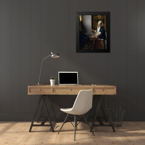 Woman Holding a Balance Black Modern Wood Framed Art Print by Vermeer, Johannes