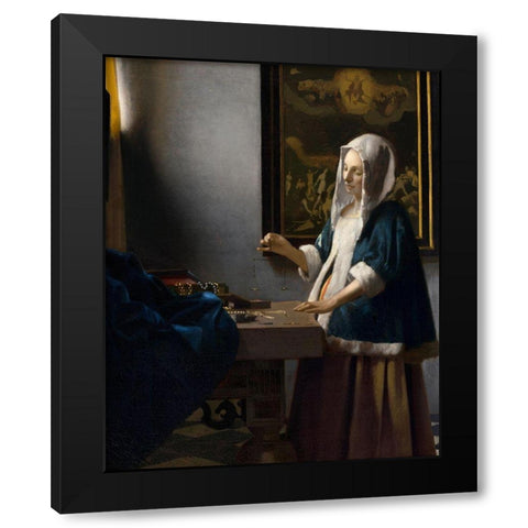 Woman Holding a Balance Black Modern Wood Framed Art Print by Vermeer, Johannes