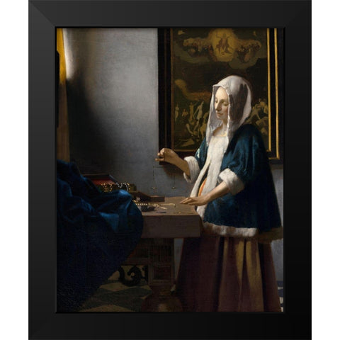 Woman Holding a Balance Black Modern Wood Framed Art Print by Vermeer, Johannes