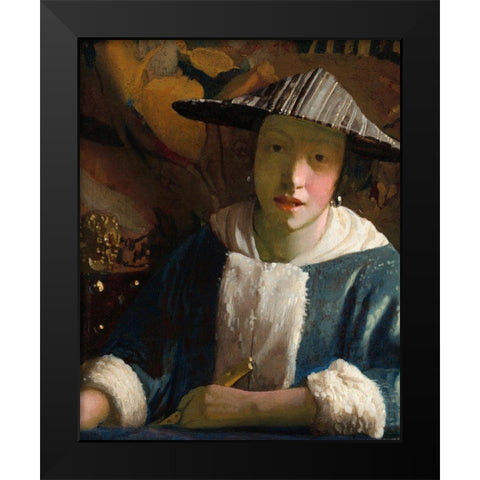 Girl with a Flute Black Modern Wood Framed Art Print by Vermeer, Johannes