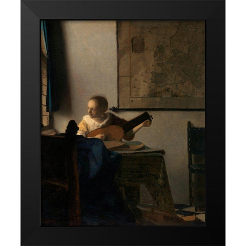 Young Woman with a Lute Black Modern Wood Framed Art Print by Vermeer, Johannes
