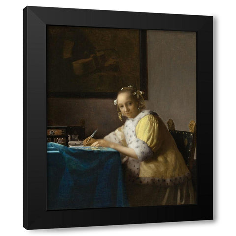 A Lady Writing a Letter Black Modern Wood Framed Art Print with Double Matting by Vermeer, Johannes