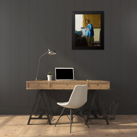Woman Reading a Letter Black Modern Wood Framed Art Print by Vermeer, Johannes