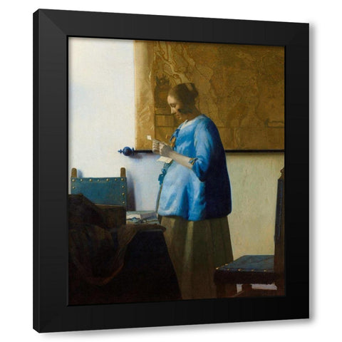 Woman Reading a Letter Black Modern Wood Framed Art Print with Double Matting by Vermeer, Johannes