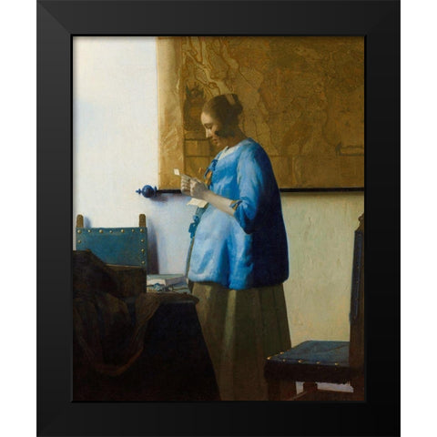Woman Reading a Letter Black Modern Wood Framed Art Print by Vermeer, Johannes