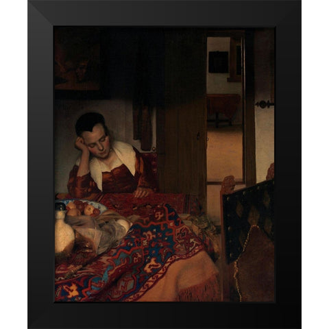 A Maid Asleep Black Modern Wood Framed Art Print by Vermeer, Johannes