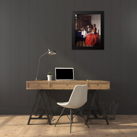 A Lady and Two Gentlemen Black Modern Wood Framed Art Print by Vermeer, Johannes