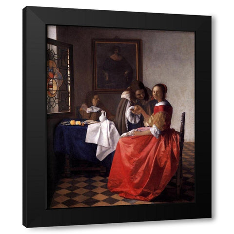 A Lady and Two Gentlemen Black Modern Wood Framed Art Print by Vermeer, Johannes