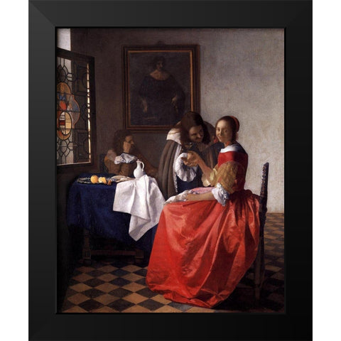 A Lady and Two Gentlemen Black Modern Wood Framed Art Print by Vermeer, Johannes
