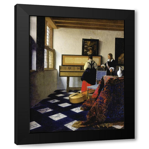 The Music Lesson Black Modern Wood Framed Art Print with Double Matting by Vermeer, Johannes