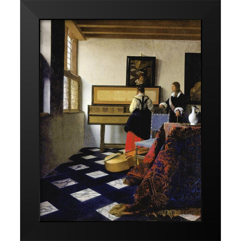 The Music Lesson Black Modern Wood Framed Art Print by Vermeer, Johannes
