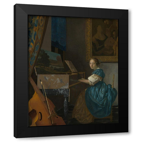 Lady Seated at a Virginal Black Modern Wood Framed Art Print by Vermeer, Johannes