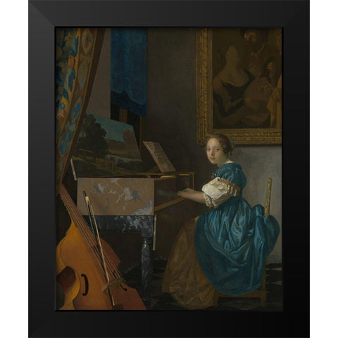 Lady Seated at a Virginal Black Modern Wood Framed Art Print by Vermeer, Johannes
