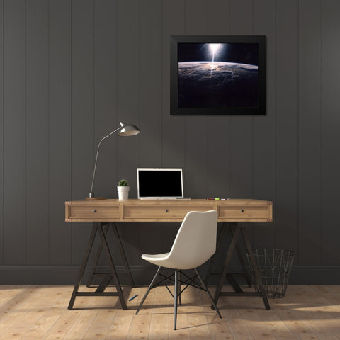Sunlight over Earth as seen by Discovery crew Black Modern Wood Framed Art Print by NASA